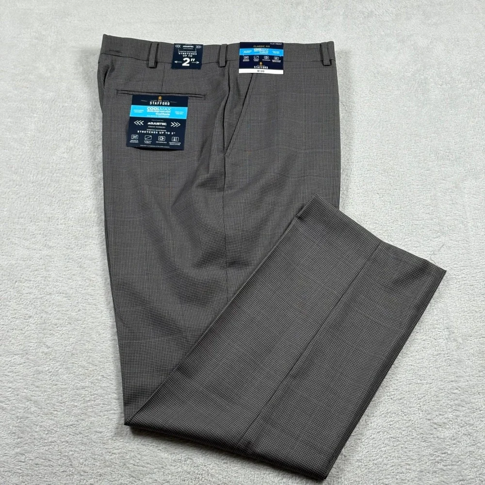 Stafford CoolMax Ecomode Gray Houndstooth Classic Wool Blend Dress Pants 42x32